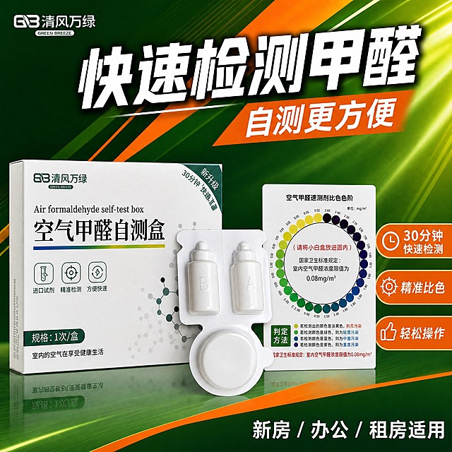 [单张主图] 空气甲醛自测盒爆款促销感主图，复刻参考图的版式结构与视觉风格，将参考图中的产品替换为当前泡罩装甲醛自测试剂（含A瓶、B瓶、比色圆盒的白色泡罩包装），试剂靠在自测盒包装盒旁边。

[参考比对] 参考图采用深绿色渐变背景+橙红色斜向光带的爆款版式：顶部左上放品牌Logo和品牌名，中上超大白色主标题，右侧橙红色斜条放副标语；中部左侧为产品包装盒，右侧为比色卡；右侧竖排3个橙红色圆角卖点图标；底部放适用场景文字。生成时严格沿用该版式结构、配色逻辑、信息层级和光效氛围，仅替换产品主体为当前泡罩装试剂+包装盒组合，调整对应文案。

[画面主体] 画面中部偏左为空气甲醛自测盒白色包装盒（正面印有品牌Logo、中英文品名、图标卖点、规格信息等，风格与参考图包装盒一致），包装盒右前方斜靠一板白色泡罩装试剂：泡罩板上方左右两个小瓶分别印有A和B浮雕字母，下方一个圆形比色盒，整体为白色塑料泡罩包装，外观与输入产品图完全一致。包装盒右侧放置一张方形比色卡，印有彩色比色色阶圆环和判定说明。产品主体占画面约55%，完整清晰不裁切。

[构图版式] 采用参考图同款「顶部大标题+中部产品组合+右侧卖点竖排+底部场景」的爆款促销版式。顶部25%区域：左上放品牌Logo「GB 清风万绿 GREEN BREEZE」，中上超大白色粗体主标题「快速检测甲醛」，标题下方有白色横线装饰，右侧橙红色斜条内白色大字「自测更方便」。中部55%区域：左侧包装盒+右前方泡罩试剂板+右侧比色卡，三者错落摆放，底部有镜面倒影。右侧竖排3个橙红色圆角矩形卖点图标，每个图标左侧为白色线稿图标，右侧为白色文字。底部20%区域：深绿色背景上橙红色斜向光带穿过，底部居中白色粗体大字「新房 / 办公 / 租房适用」。

[文案版式] 全部文字为中文，字体为粗黑体，强对比。左上品牌文字：「GB 清风万绿」大字 + 「GREEN BREEZE」小字。主标题：「快速检测甲醛」超大白色粗体字。副标语：橙红色斜条上白色粗体「自测更方便」。右侧3个卖点：第一个时钟图标+「30分钟 快速检测」，第二个靶心图标+「精准比色」，第三个点赞图标+「轻松操作」。包装盒正面文字：「空气甲醛自测盒」主标题 + 「Air formaldehyde self-test box」英文 + 三个图标卖点「进口试剂 精准检测 方便快速」 + 「规格:1次/盒」。比色卡文字：「空气甲醛速测剂比色色阶」 + 色阶数值 + 判定方法说明。底部文字：「新房 / 办公 / 租房适用」白色粗体。

[光影质感] 商业摄影质感，主光从左上方打来，产品表面有柔和高光，白色泡罩塑料有真实光泽和通透感，包装盒有纸质哑光质感，底部有清晰的镜面倒影，背景有放射状光线和橙红色斜向光带，整体科技洁净感，光影干净立体。

[配色字体] 主色：深墨绿色渐变背景；强调色：橙红色（斜条、卖点框、光带）；文字色：白色主标题、白色卖点文字；辅助色：比色卡彩色色阶（黄、绿、蓝、紫）。字体统一为粗黑体，主标题最大，卖点文字次之，说明文字最小。

[比例分辨率] 1:1正方形，2K分辨率，文字清晰可辨，产品细节锐利。

[负向提示词] 产品变形、结构错误、A/B瓶颠倒、泡罩形状不对、文字错字糊字、水印、平台Logo、背景杂乱、主体模糊、悬浮感、穿模、伪Logo、手指畸形、多余物体。