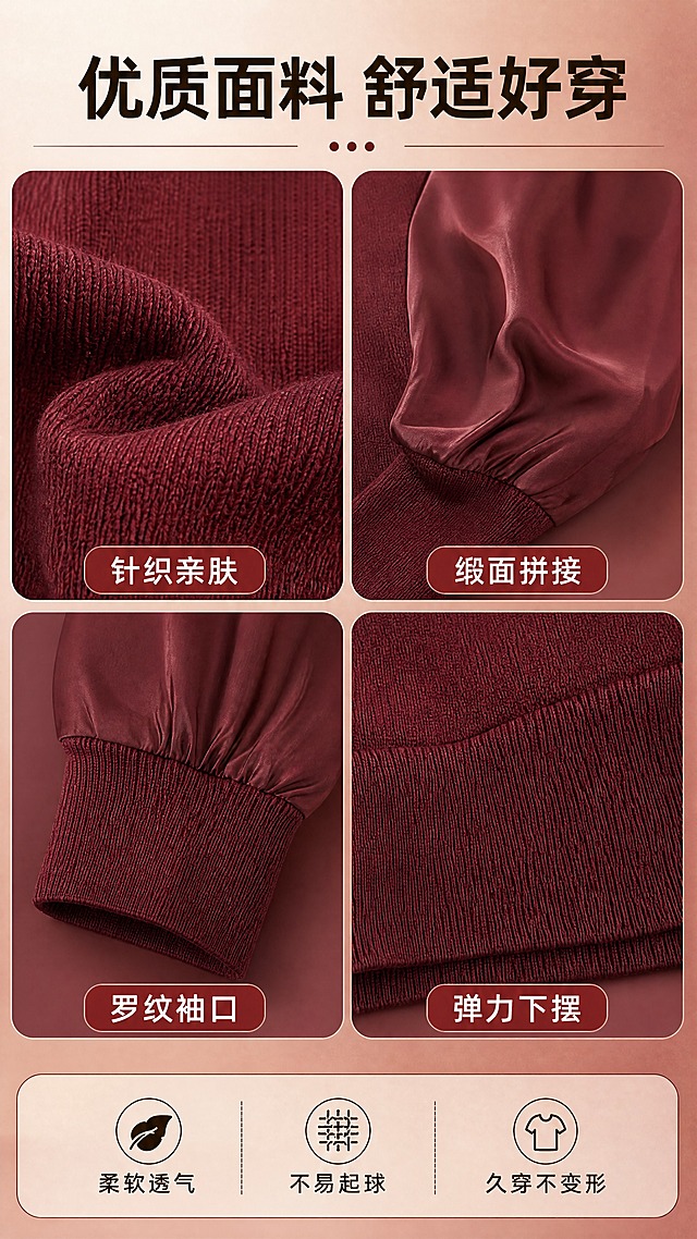 [商品] 使用【图4】酒红色不规则翻领拼接长袖针织上衣；商品处理：保留缎面拼接袖、罗纹袖口、针织面料、版型结构和酒红色原貌；放大袖身和面料区域，增强针织纹理、缎面光泽、罗纹收口和缝线细节，自然去皱，不改变结构和颜色。
[画面] 目标：面料与袖口细节页，展示针织亲肤+缎面拼接+罗纹收口工艺。构图：竖版9:16，采用2x2宫格布局，左上：针织面料微距特写，右上：缎面拼接袖特写，左下：罗纹袖口收口细节，右下：下摆罗纹细节；宫格下方为文案区。背景：酒红色系浅渐变背景，温暖高级。
[视觉] 套系策略：风格=拼多多接地气温馨商业风；标题字=粗黑体醒目大字；正文字=清晰圆体；主色=暖咖棕；背景延展=同色系深浅渐变、细腻质感；强调色=酒红色，仅用于小面积标签和装饰点；标题色=深咖棕；正文色=深灰棕；组件=圆角信息卡、细线分隔；光影=侧前柔光，突出面料纹理和质感。
[文字] 顶部主标题"优质面料 舒适好穿"，宫格每格配小字标签："针织亲肤""缎面拼接""罗纹袖口""弹力下摆"，底部补充"柔软透气 不易起球 久穿不变形"，文字全部横排。
[规格] 图片比例9:16竖版，分辨率4K，质量medium。避免变形、错字、文字过小、冷蓝背景、衣服颜色改变、结构失真、极限词、平台Logo。