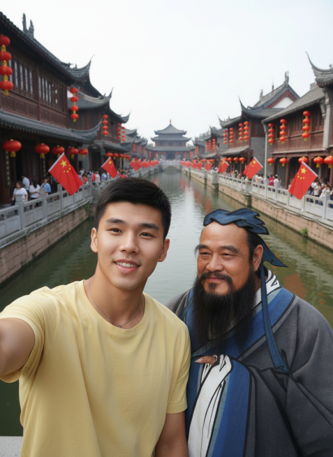 帮图1男生生成一张和图2人物在南京夫子庙前的自拍合照，背景有国庆元素，但不要有字，图2的人物要真实服装不变，图片要求真实感强，细节丰富，一张非常真实的合照预览效果