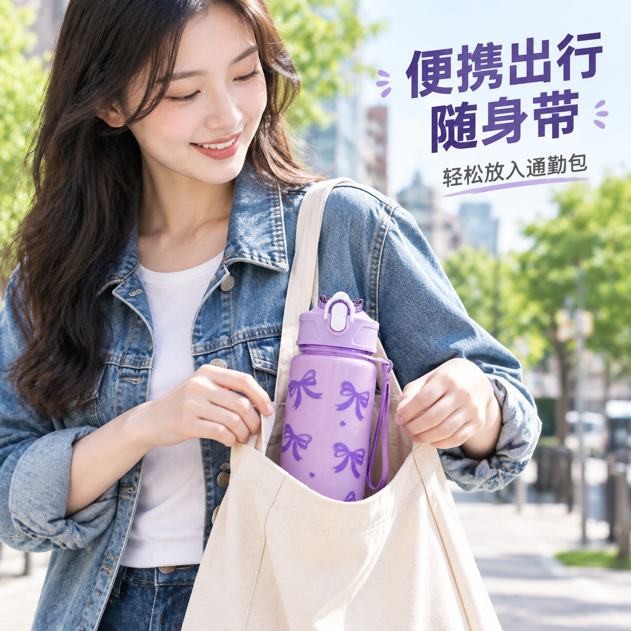 [主图-5 紫色款] 便携出行场景，展示紫色蝴蝶结水杯放入帆布… - 图片创意预览