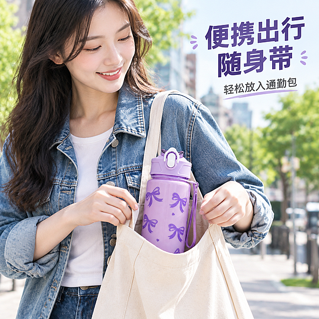 [主图-5 紫色款] 便携出行场景，展示紫色蝴蝶结水杯放入帆布包中的携带场景，突出便携性与日常通勤使用。
[统一基调] 1688 B端源头感，明亮自然光，真实户外街景，整体干净通透；主标题字体为粗黑体深紫色，辅助文字为深灰色，强调色为柔紫色；轻量文字排版，不破坏场景场景。
[画面] 一位年轻女性站在城市街道旁，双手扶着米色帆布包的开口，紫色蝴蝶结水杯从包中露出大半部分，展示水杯可以轻松放入日常通勤包中携带，紫色挂绳自然垂在杯身外侧；女性穿着牛仔外套与白色内搭，面带微笑，背景是模糊的城市街道与绿树；水杯的蝴蝶结图案、颜色、开盖结构与原图完全一致，杯盖闭合状态；整体氛围轻松日常，体现便携出行的使用场景。
[光影质感] 户外自然日光，光线柔和均匀，人物与水杯光影统一，背景适度虚化突出主体，整体通透自然。
[配色] 场景主色为牛仔蓝、白色、米色、绿色街景、柔紫色水杯；整体清新自然，生活气息浓厚。
[文字版式] 右上角文字：便携出行 随身带；下方小字：轻松放入通勤包；文字为深紫色，放在右上角空白区域，不遮挡产品与人物主体。
[输出要求] 1:1正方形，2048px，产品清晰不变形，人物自然无畸形，场景真实，文字清晰，无水印，无平台Logo，无多余杂物。