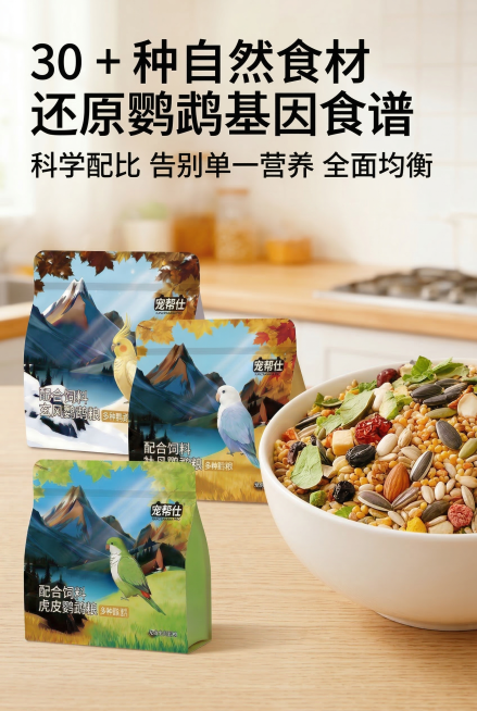 2:3 竖版电商详情图，严格还原宠帮仕鹦鹉专用配合粮产品包装细节，包装设计、颜色、LOGO、文字、图案元素、哑光质感均与参考图完全一致，产品与场景物体比例保持 1:1 协调。画面左侧展示完整产品包装，预览效果