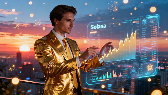 A financial analyst in a luxury gold suit manipulates a holographic interface featuring Solana (SOL) price volatility charts, decentralized exchange (DEX) metrics, and real-time blockchain transactions. The background combines a vibrant sunset cityscape with glowing digital particles and cinematic lighting that accentuates the golden textures of the suit and interface