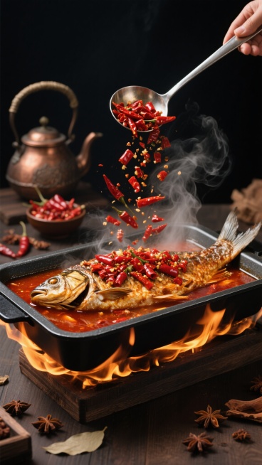 深色背景上，一个黑色长方形烤鱼盘置于燃烧的火焰之上，盘中一条完整的烤鱼覆盖着大量鲜红辣椒，鱼身周围汤汁翻滚，蒸汽袅袅升腾。上方一把金属勺子正将大量干红辣椒撒向鱼身，辣椒在空中飞溅散开。背景中可见古朴的铜制茶壶、装满辣椒的小碗，以及散落的香料如八角，整体营造出热烈、火辣、充满食欲的中式美食氛围，光影对比强烈，突出食物的质感和动态的烹饪瞬间。预览效果