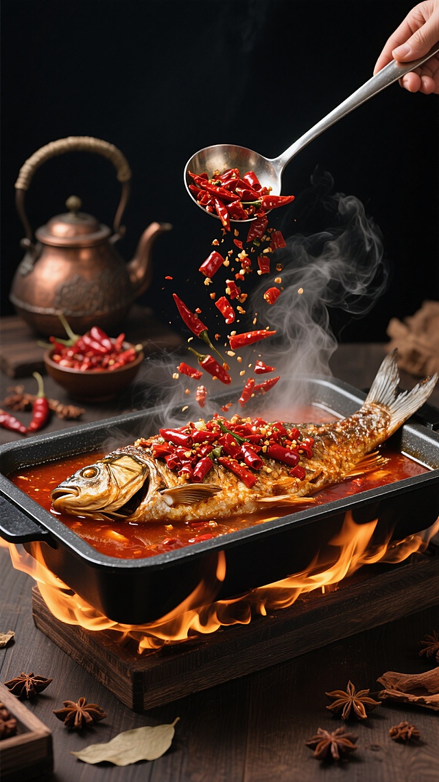 深色背景上，一个黑色长方形烤鱼盘置于燃烧的火焰之上，盘中一条完整的烤鱼覆盖着大量鲜红辣椒，鱼身周围汤汁翻滚，蒸汽袅袅升腾。上方一把金属勺子正将大量干红辣椒撒向鱼身，辣椒在空中飞溅散开。背景中可见古朴的铜制茶壶、装满辣椒的小碗，以及散落的香料如八角，整体营造出热烈、火辣、充满食欲的中式美食氛围，光影对比强烈，突出食物的质感和动态的烹饪瞬间。