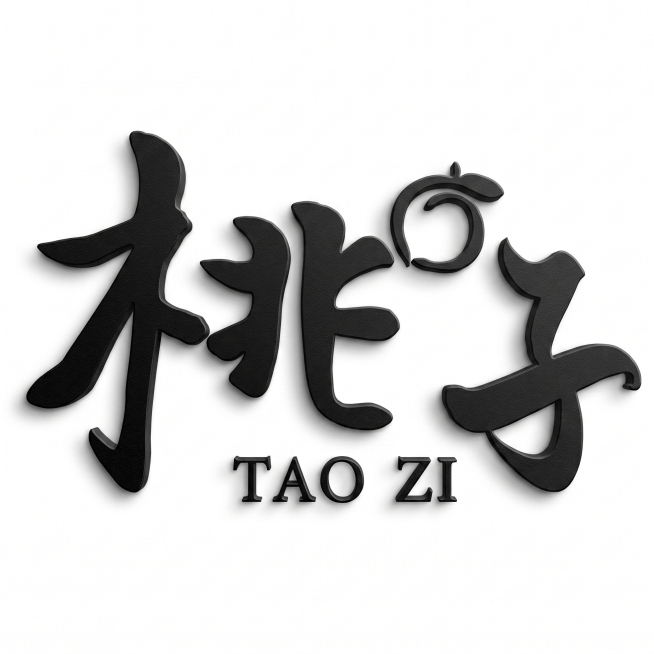 干净的纯白色背景。
主体文字"桃子"，下方附带小写英文"TAO ZI"，全部文字单行排列。原参考图为黑色手写书法风格3D立体字体，字体基础是手写体，字体粗重饱满，笔画圆润收束，曲直混搭。"子"字上方的预览效果