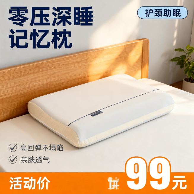 [主图 1] 深睡记忆枕电商首图
[氛围/风格] 温馨居家生活感，高级材质透视，温馨暖调自然光，午后慵懒光斑，浅景深虚化背景，聚焦产品
[画面元素] 保持用户提供的记忆枕外观与细节完全一致，浅米色拼接预览效果
