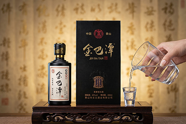 中国风产品摄影，金巴潭五年陈酿白酒瓶和包装盒整套放置在深色中式雕花木质底座上，保持瓶身和包装盒原有文字、Logo、包装设计原样不变，保持产品主体物理结构不扭曲。画面右侧有透明分酒器正在往小酒杯中倒酒，酒液清澈，酒杯中有细密气泡，酒流动态自然。背景是模糊的金色书法宣纸，暖色调柔光，东方禅意氛围感，新中式风格，8K高清，商业产品主图，居中构图，细节清晰，质感高级，使用轮廓光突出黑色瓶身包装盒立体感，整体暖调柔和，浅景深背景虚化，无水印。
