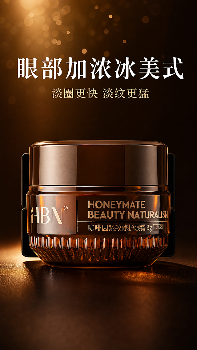 [第1屏] 详情页头图-HBN咖啡因紧致修护眼霜产品宣传海报。延续深棕咖啡色调高级奢华风格，保持产品瓶身外观、品牌Logo、包装文字与输入产品图一致。[氛围/风格] 高级美妆护肤风格，深棕暖咖啡背景，商业摄影质感，突出产品"眼部加浓冰美式"定位。[元素布局] 眼霜棕瓶放置在画面中下偏右区域，占据画面60%-70%主体位置。保持瓶身棕褐色透明质感、包装文字排版与原图一致。背景用深棕色渐变叠加浅金色咖啡光晕，左上角保留大尺寸标题区域，顶部点缀细微光斑增强高级感。[光影质感] 主光源从左上方打来，照亮瓶身玻璃质感，瓶身形成自然渐变明暗，反光清晰，整体真实通透，右下方形成柔和自然投影。[配色色系] 全局底色：#3D2314（深棕）；主体配色：瓶身#6B3F1E渐变+文字#F5DEB3；辅助色：#D4A017（浅金）+#FFFFFF（标题白）。[视角构图] 正面平视，产品主体焦点突出，背景干净符合手机端阅读动线。[文字版式] 顶部主标题"眼部加浓冰美式"白色粗体大字居中，副标题"淡圈更快 淡纹更猛"浅金色小字在主标题下方居中。整体文字层级清晰，不遮挡产品主体。[比例分辨率] 9:16竖版比例，4K分辨率，文字清晰可辨。[负向提示词] 产品变形，包装文字错乱，颜色偏差，背景杂乱，文字模糊，水印，变形扭曲，缺件错件，虚假功效宣传