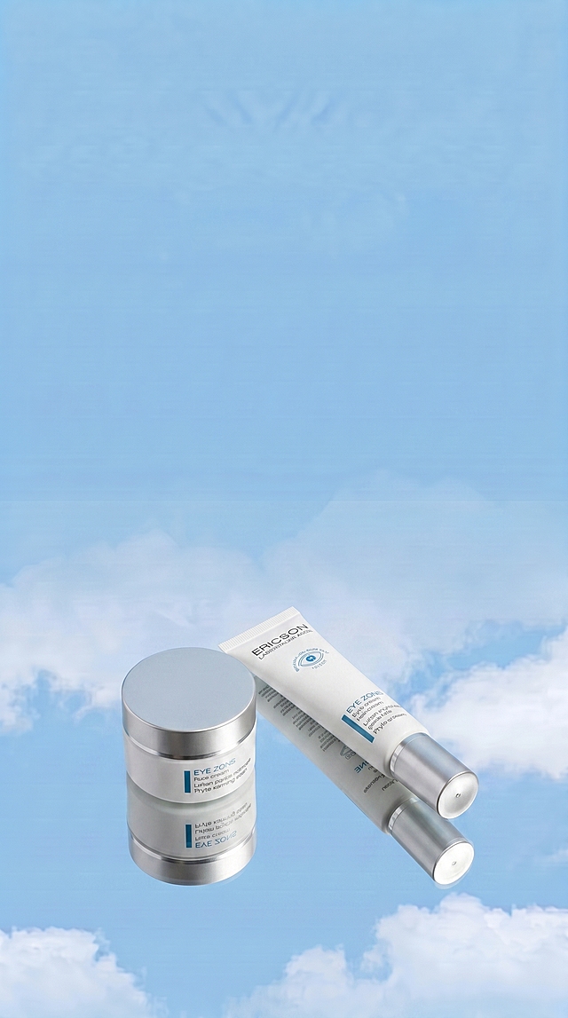 将这张图片底部的原有产品替换为https://2.jpg中的眼霜面霜产品，保持蓝天白云背景和镜面倒影效果，整体风格和光影与原图一致