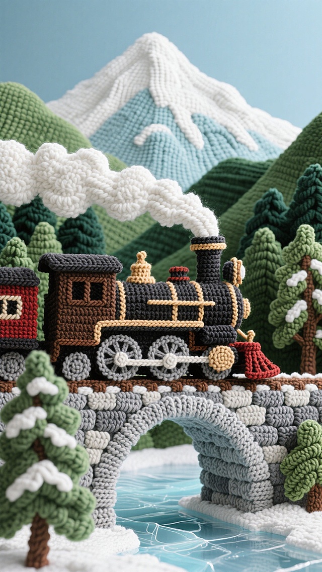 古老的蒸汽火车列车行驶在石拱桥上，雪山背景，绿色山林覆盖着雪，结冰的河