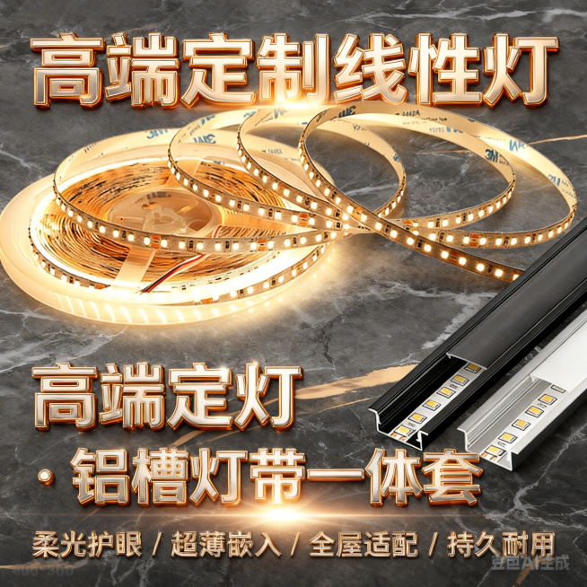 将原图中的灯带和铝槽1:1完整保留，灯带和铝槽占据画面一半以上面积。保持主体物理结构不变，禁止扭曲灯带和铝槽形状，保留灯带发光效果。生成一张适合电商广告的背景，采用轻奢优雅风，深灰色大理石质感背景，搭预览效果