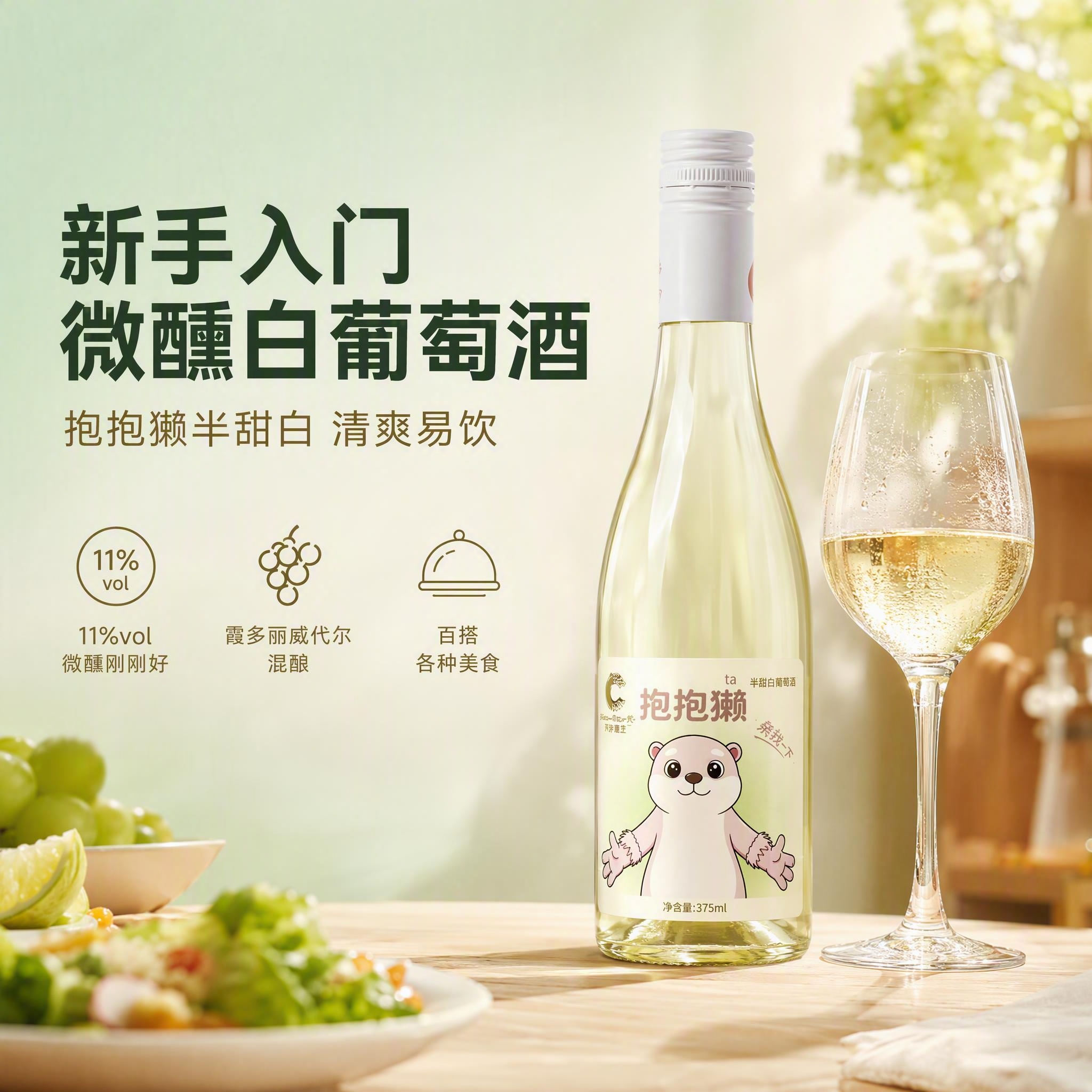 [主图-1] 抱抱獭半甜白葡萄酒首图，核心任务是营造微醺清爽的… - 图片创意预览