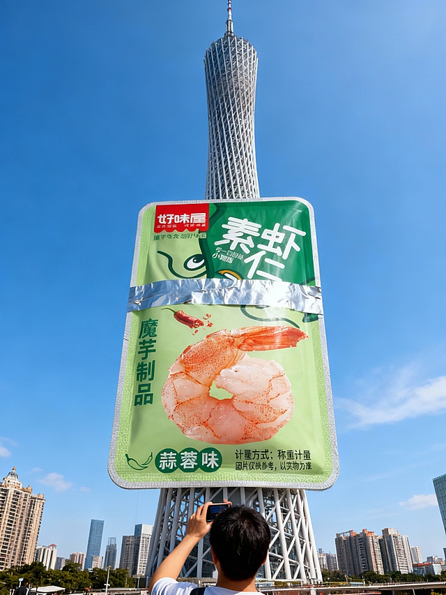 广州塔上粘贴着一个图示产品巨大化模型，银色胶带覆盖产品中间，不覆盖字，正面仰拍视角，下方有路人正举着手机拍摄，背景是城市建筑与蓝天