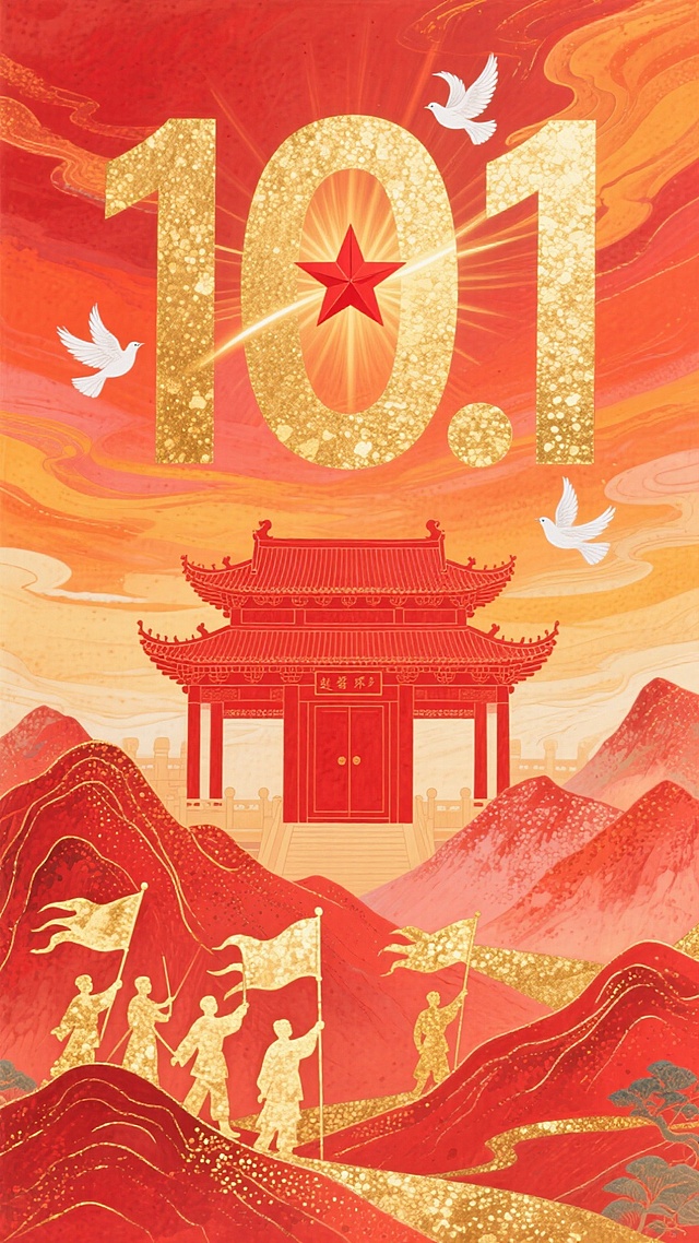 国潮风插画，鎏金大字“10.1”辉映红日，剪影人物高举旗帜行进于山河间，天安门与白鸽点缀，喜庆热烈，彰显民族与政务庄严感。