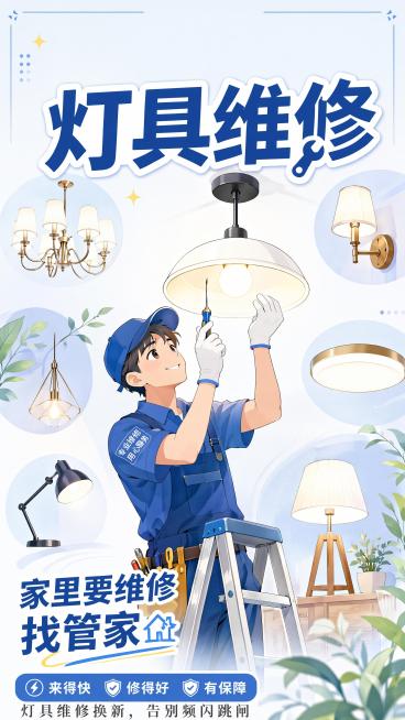 基于参考图，将顶部的主标题"灯具维修"稍微向下移动，保持其他所有文案位置、内容和整体风格不变，依旧为动漫清新风格，中央为师傅维修吊灯，周围有其他灯具，左下方大字"家里要维修 找管家"，其下方是"来得快预览效果