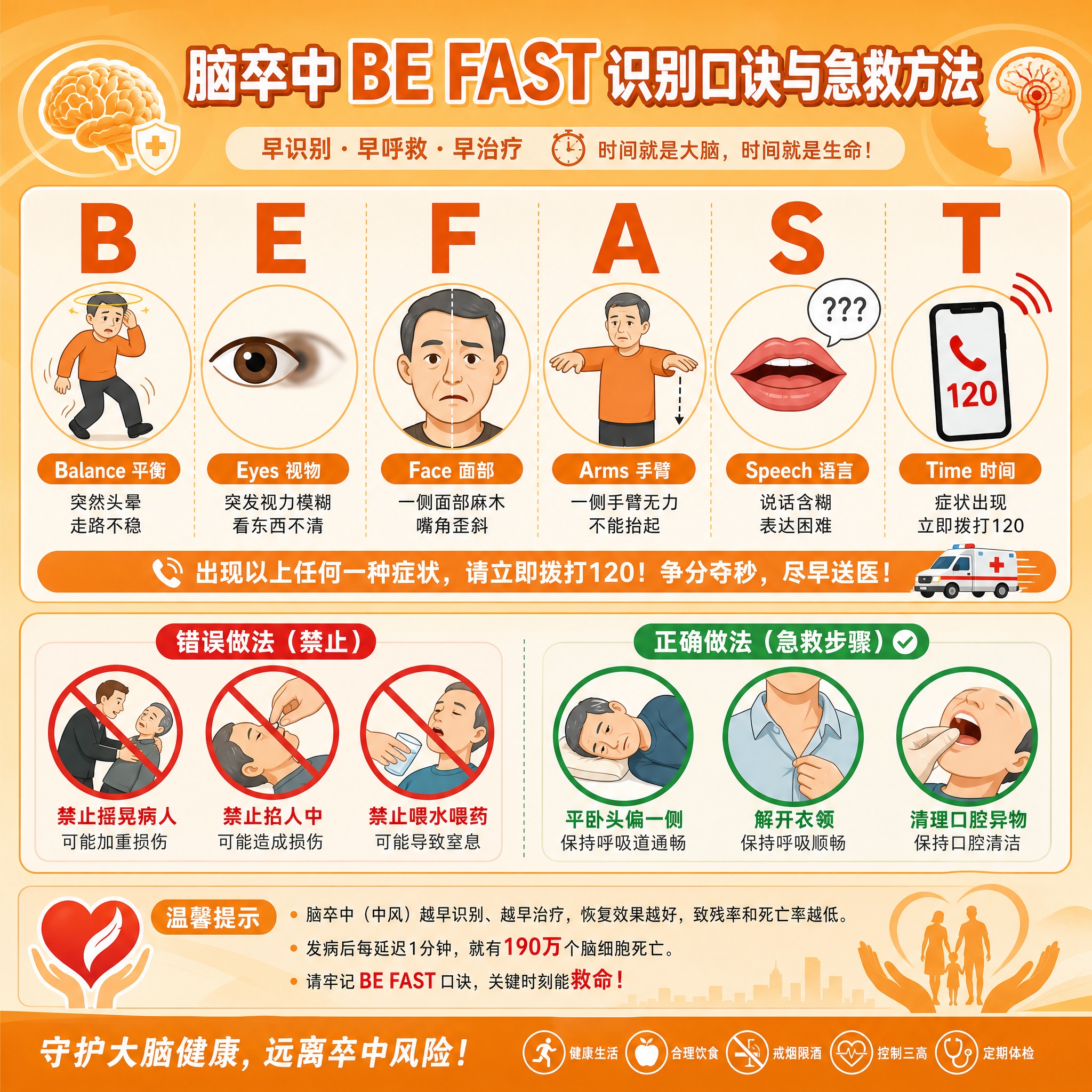 一张健康科普海报，主题为脑卒中BE FAST识别口诀与急救方法… - 图片创意预览