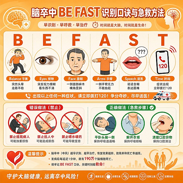 一张健康科普海报，主题为脑卒中BE FAST识别口诀与急救方法。橘黄色底色，整体配色与橘黄色协调统一。画面中央醒目展示"BE FAST"六个字母，每个字母对应一个图标：B-头晕走路不稳的人物、E-眼睛视物模糊的示意图、F-一侧嘴角歪斜的脸部、A-一侧手臂下垂的双手平举、S-说话含糊的嘴部、T-拨打120的电话图标。画面下方展示急救注意事项：禁止摇晃病人、禁止掐人中、禁止喂水喂药的红色警示图标，以及正确做法：平卧头偏一侧、解开衣领、清理口腔异物的示意图。底部有温馨提示文字区域。扁平医疗科普风，字迹清晰，信息图版式，专业医学插画质感，整体色调统一和谐