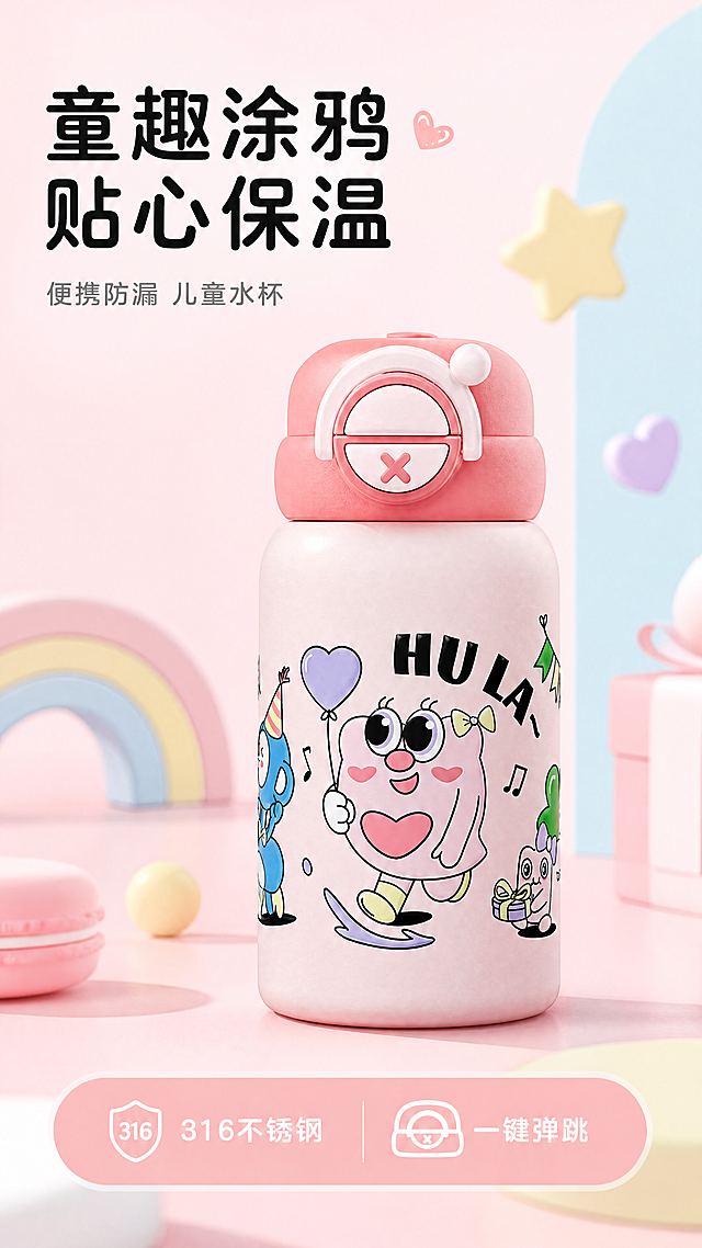 [第1屏] 详情页头图-粉色卡通涂鸦吸管保温杯童趣宣传海报。
本屏使用【图1】作为商品主体，保持产品外观、杯身卡通图案、粉色杯身和红色弹跳杯盖的物理结构、材质质感、颜色与输入产品图一致。
[氛围/风格] 多巴胺马卡龙风格，清新明快氛围，浅粉色背景，卡通童趣风格，商业摄影质感，画面活泼可爱。
[元素布局] 粉色保温杯放置在画面视觉中心，占据画面65%-70%主体位置。背景为浅粉渐变底色，搭配浅蓝、浅紫和鹅黄色几何小装饰点缀，左上角预留充足标题位置，底部放置浅粉色信息条。整体干净活泼，不遮挡产品主体。
[光影质感] 左侧柔和主光，右侧自然柔阴影，整体明亮通透，杯身哑光质感表现清晰，产品轮廓边缘自然真实。
[配色色系] 全局底色：#FFF5F7（浅粉）；主体配色：产品原粉色杯身搭配红色杯盖；辅助色：浅蓝#D7F0F8、浅紫#E8D5F3、鹅黄#FFF3CD。
[视角构图] 正面45度微斜视角，景深适中，杯身主体清晰，背景浅景深虚化突出主体，符合移动端从上到下阅读动线。
[文字版式] 版式为左上标题+中心产品+底部信息条。主标题"童趣涂鸦 贴心保温"黑色圆角字体，左对齐，字号约占画面宽度8%，不遮挡产品。副标题"便携防漏 儿童水杯"灰色小字放在主标题下方。底部信息条标注"316不锈钢 一键弹跳"白色文字放浅粉色块上，文字清晰易读。
[比例分辨率] 9:16竖版比例，4K分辨率，文字清晰可辨。
[负向提示词] 杯身变形，杯盖结构错误，颜色偏差，杯身图案扭曲，文字错乱，水印，产品图模糊，背景杂乱，违规表达。