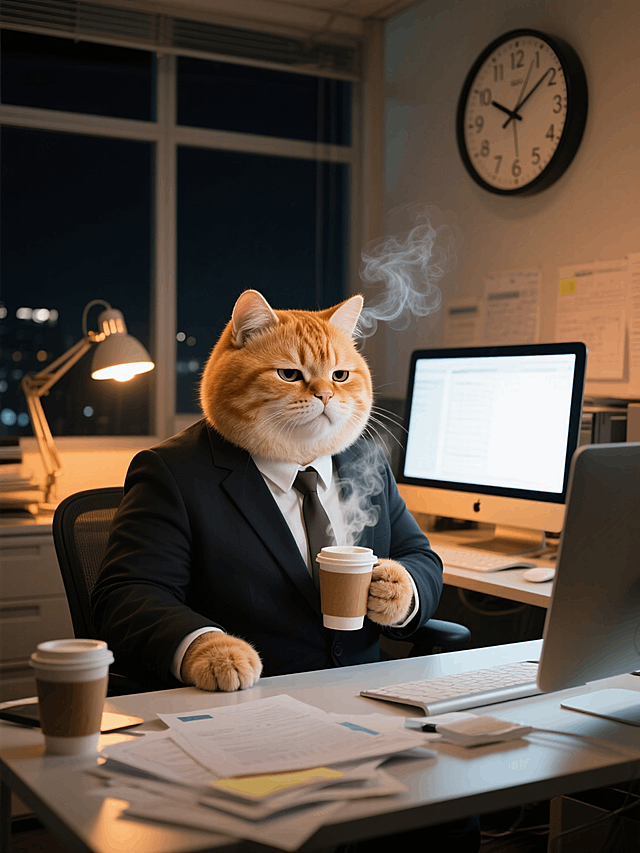 拟人胖乎乎圆滚滚橘猫穿着西装手拿着咖啡，在办公室繁忙的加班，背景夜晚