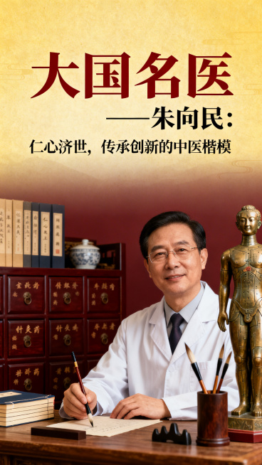 大国名医朱向民中医楷模宣传封面，古朴典雅的中国风设计，展现中医药传统文化，带有醒目的标题文字“大国名医——朱向民：仁心济世，传承创新的中医楷模”，整体色调温暖庄重。预览效果