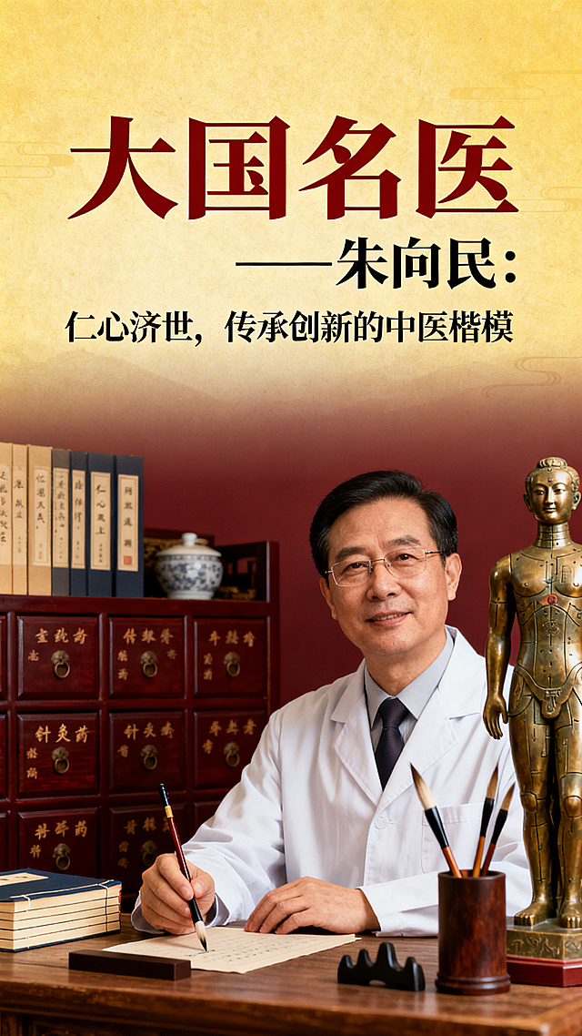 大国名医朱向民中医楷模宣传封面，古朴典雅的中国风设计，展现中医药传统文化，带有醒目的标题文字“大国名医——朱向民：仁心济世，传承创新的中医楷模”，整体色调温暖庄重。