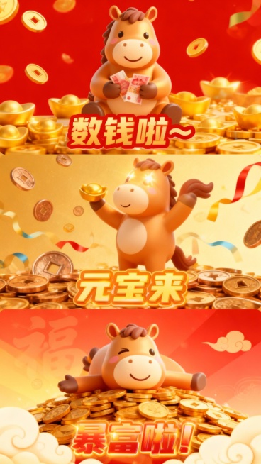 Q 版生肖马・发财吉祥
整体风格：喜庆 Q 版、色彩鲜艳，三宫格呼应 “发大财” 主题，适合节日、祝福类内容；
• 第一宫格：Q 版生肖马（棕金色毛发，圆眼睛），坐姿捧红色钞票点数，嘴角上扬，背景是红预览效果