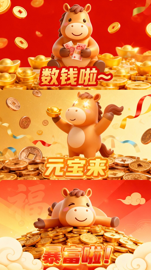 软3D风拟人小马，鎏金金属质感元宝与钱币环绕，喜庆红金配色，卡通感十足，传递新春暴富祝福。
