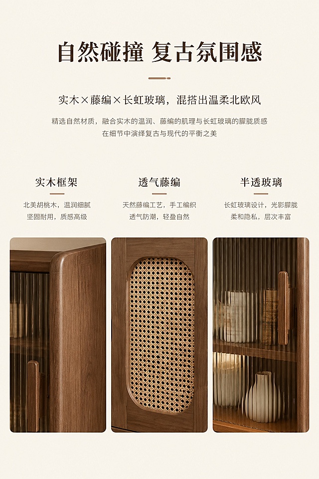 [第2屏] 设计美学叙事-胡桃木色藤编实木餐边柜设计理念页。本屏使用【图1】提取产品风格。
[氛围/风格] 简约高级留白风，自然材质碰撞展示，设计感排版，柔和商业质感。
[元素布局] 上部文案区，下半部分三张小场景图展示产品设计元素：左侧胡桃木木纹特写、中间藤编纹理特写、右侧长虹玻璃细节特写；三张图并排排列，整体居中，产品材质纹理特征与原图一致。
[光影质感] 均匀柔光照明，每张细节图光影统一，纹理清晰锐利。
[配色色系] 全局底色 #F9F3E9，主色胡桃木棕 + 藤编米白，辅助色浅灰背景色，文字深棕。
[视角构图] 上文字下图片排版，整体平衡居中，阅读动线从上至下。
[文字版式] 顶部主标题「自然碰撞 复古氛围感」，副标题「实木×藤编×长虹玻璃，混搭出温柔北欧风」，文字居中；下方三个设计标签「实木框架」「透气藤编」「半透玻璃」，分别对应三张细节图，文字清晰排版在图片上方。
[比例分辨率] 9:16竖版比例，4K分辨率，文字清晰可辨，高清画质。
[负向提示词] 纹理模糊，结构变形，颜色偏差，文字错乱，文字过小，水印，背景杂乱