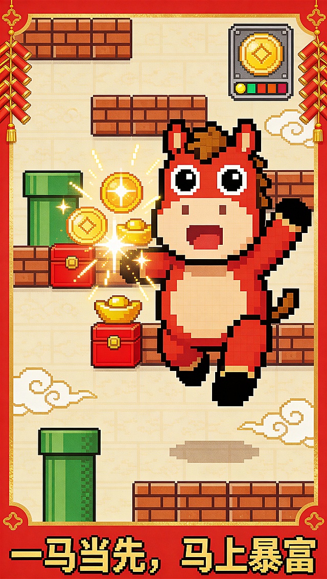 复古的超级马里奥游戏风格、8 位像素艺术、经典的街机关卡场景、马年主题、一只可爱的胖乎乎的像素马（红色和金色的配色，圆圆的大眼睛）作为游戏角色，马儿处于跳跃和惊讶的姿势（这是马里奥的经典跳跃姿态），屏幕中间有一大堆夸张的闪闪发光的金币、金锭和红色宝箱，阻挡了前进的道路，复古的游戏关卡背景有砖块平台、绿色管道和中国风格的云纹图案，红色的节日边框带有金色的鞭炮，鲜艳的红色和金色主色调，高对比度的像素纹理，黑色像素轮廓，简洁的复古游戏用户界面（右上角显示金币得分数字），充满活力和吉祥的节日氛围，没有多余的细节。底部写着“一马当先，马上暴富”