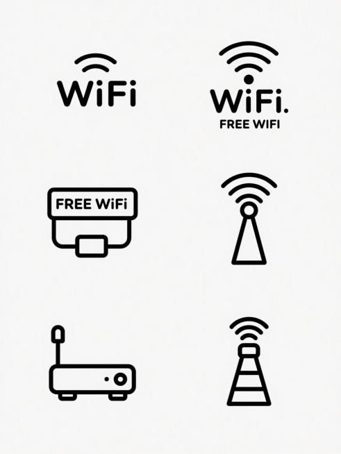 极简主义风格的WiFi图标设计，六个黑白线条构成的WiFi标志，采用无衬线字体，线条流畅简洁，包含不同样式：带“WiFi”文字与信号波纹组合、“FREE WIFI”矩形标签、路由器图形与“FREE WiFi”组合、仅信号塔与波纹图形，图标排列成两行三列的网格布局，白色背景，整体设计简洁明了，视觉层级清晰，信息传达高效，符合现代简约设计感。预览效果