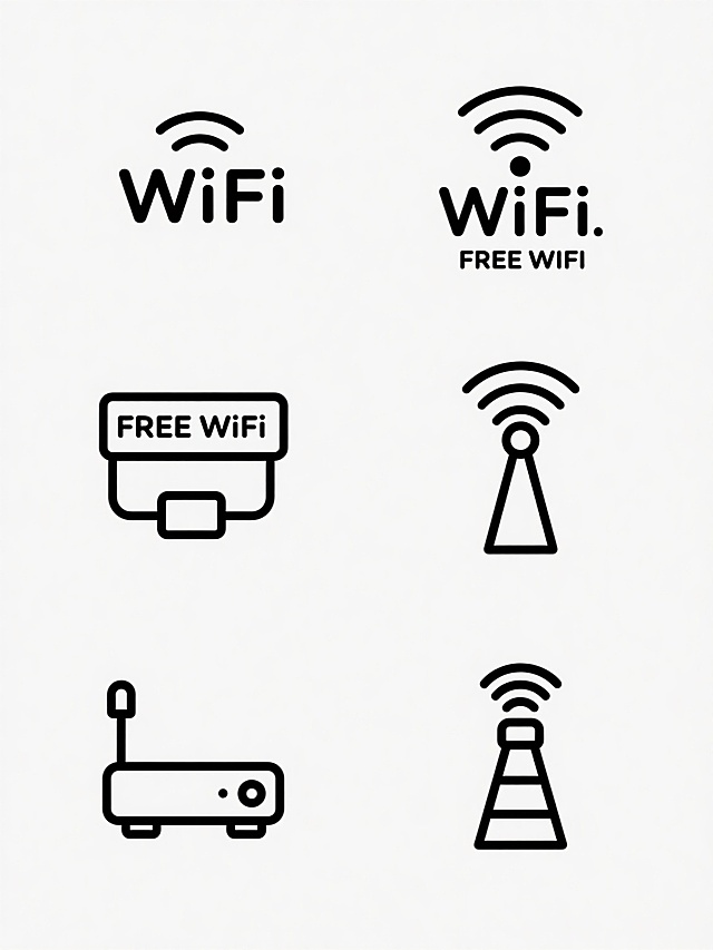 极简主义风格的WiFi图标设计，六个黑白线条构成的WiFi标志，采用无衬线字体，线条流畅简洁，包含不同样式：带“WiFi”文字与信号波纹组合、“FREE WIFI”矩形标签、路由器图形与“FREE WiFi”组合、仅信号塔与波纹图形，图标排列成两行三列的网格布局，白色背景，整体设计简洁明了，视觉层级清晰，信息传达高效，符合现代简约设计感。