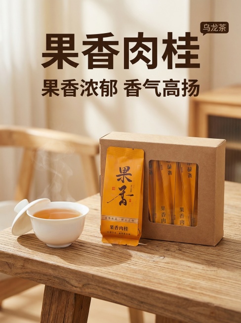 [主图 1] 果香肉桂茶叶首图
[主图主题] 果香肉桂乌龙茶茶叶首图
[氛围/风格] 自然清新中式茶文化风格，柔和自然光，质感高级
[画面元素] 原包装果香肉桂独立泡袋和牛皮纸礼盒放置在原木茶桌上，茶预览效果