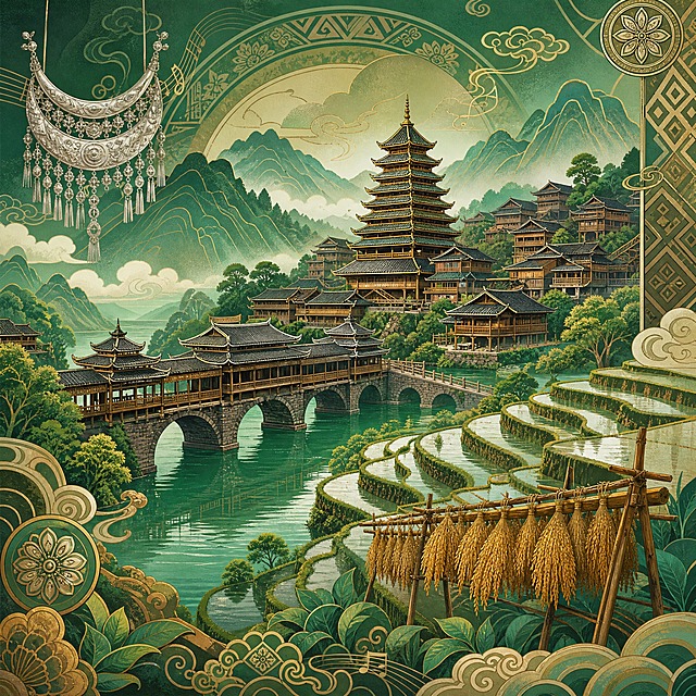 国潮风景插画，侗族主题，侗族风雨桥横跨在碧绿的江面上，鼓楼高耸在侗寨中央，层层叠叠的侗族木楼依山而建，梯田如镜倒映天光，禾晾架上挂满稻谷，周围有鼓楼建筑纹样、银饰图案、音符纹装饰，背景是翠绿色渐变和山水纹，画面中无人物无文字，国潮风格，翠绿棕金配色，宁静祥和