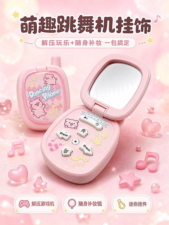 [商品] 使用【图1】【图2】粉色小猪款卡通手机跳舞机挂饰；保留翻盖结构、粉色外壳、上盖Dancing Phone字样与小猪卡通图案、内部镜子、方向按键、LOVELY开关条、星星音符装饰、整体比例和材质质感；清晰化图案与按键细节，不改变商品本体文字和图案。
[画面] 页面目标：氛围头图，第一印象突出萌趣可爱的产品全貌。构图：居中偏下主体展示，产品打开45度角斜放，产品占画面约55%；前景散落粉色星星、音符、爱心小装饰，中景为产品主体，背景为柔和渐变粉白色+柔焦光斑，营造甜美梦幻氛围；阅读动线从上到下，顶部标题区，中部产品主体，底部卖点标签。
[视觉] 套系策略：风格=甜美马卡龙萌系商业摄影风；标题字=圆润粗黑圆角体；正文字=柔和圆角无衬线体；主色=樱花粉；背景延展=基于樱花粉做浅粉→奶白渐变、同色系柔焦光斑、细腻哑光质感；强调色=鹅黄色，仅用于小面积图标、引线、标签装饰和星星点缀；标题色=深粉棕；正文色=暖灰粉；组件=圆角软底信息卡、圆点引线、云朵形标签；光影=左前侧柔暖漫射光，产品底部柔和投影。
[文字] 顶部居中主标题「萌趣跳舞机挂饰」，副标题「解压玩乐+随身补妆 一包搞定」，底部横向排列3个圆角卖点标签：「解压游戏机」「随身补妆镜」「迷你挂件」，文字不遮挡产品主体和关键图案。
[规格] 图片比例3:4竖版，4K分辨率，避免变形、错字、文字过小、冷蓝灰背景、产品颜色改变、结构失真、极限词。