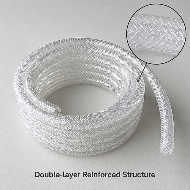 [Main Image 3] Material structure detail display of PVC Fiber Mesh Hose
[Atmosphere Style] Clear professional detail display style
[Image Quality] Macro commercial photography, ultra-clear detail performance, true material texture
[Elements] The whole section of the PVC fiber mesh hose is placed in the center of the picture, showing the double-layer structure, and a local magnifying window is added in the upper right corner to magnify the polyester fiber braided mesh part. The background is light gray, consistent with the overall set of pictures. Maintain the same material and color as the original product, clearly show the layered structure of inner PVC and outer fiber braiding
[Light and Shadow] Soft directional light,突出 fiber braided texture, clear stratification, highlight the reinforced structure
[Color Matching] Main background light gray, product silver-white transparent, magnifying frame border dark gray
[Perspective Composition] Head-up perspective, center main body, local detail window collocation, hierarchical clear
[Text Layout] Bottom center text label: Double-layer Reinforced Structure, font moderate size, clear and recognizable
[Output Requirements] 1:1 ratio, 2048x2048 pixels, text clear, ultra high-definition commercial photography texture
[Negative Prompt] Deformation, text confusion, blurry product image, messy background, watermark, extra marketing information, Chinese characters