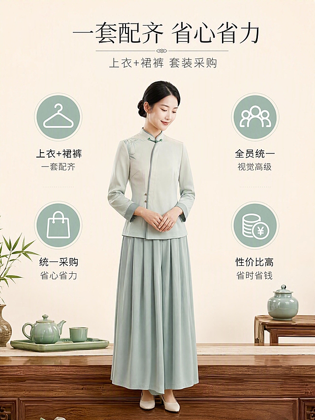 [第9张] 套装优势页-裙裤一站式配齐省心省力省钱。本张使用【图1】作为服装主体参考，【图2】作为模特形象参考。
[氛围/风格] 价值感展示风，清晰明了，高级商业设计，新中式美学延续。
[元素布局] 画面中央为模特身着完整套装的全身正面形象，占比约50%；左右两侧分布套装优势图标与文案：左侧上方「上衣+裙裤 一套配齐」配衣架图标，下方「统一采购 省心省力」配购物袋图标；右侧上方「全员统一 视觉高级」配团队图标，下方「性价比高 省时省钱」配钱币图标；背景为浅米色渐变，底部有原木桌面与青瓷茶具点缀；服装款式、颜色与参考图完全一致。
[光影质感] 柔和正面主光，人物受光均匀，阴影浅淡，整体明亮干净有质感。
[配色色系] 全局底色 #F8F4ED（暖米白）；主色 渐变浅青 #B8D4C9；辅助色 深灰文字、原木棕；点缀色 墨绿图标底色。
[视角构图] 人物居中全身景别，左右对称信息布局，平视机位，阅读动线中央人物→左右卖点。
[文字版式] 标题字形为细黑体。顶部居中主标题「一套配齐 省心省力」，副标题「上衣+裙裤 套装采购」；四个优势点采用圆形图标+文字组合，图标为浅青底白色图案，下方配两行小字说明；文字清晰可读，不遮挡人物主体。
[比例分辨率] 3:4 竖版比例，4K 分辨率，文字清晰可辨，高清画质。
[负向提示词] 服装变形，颜色偏差，水印，文字错乱，图标模糊，布局混乱。