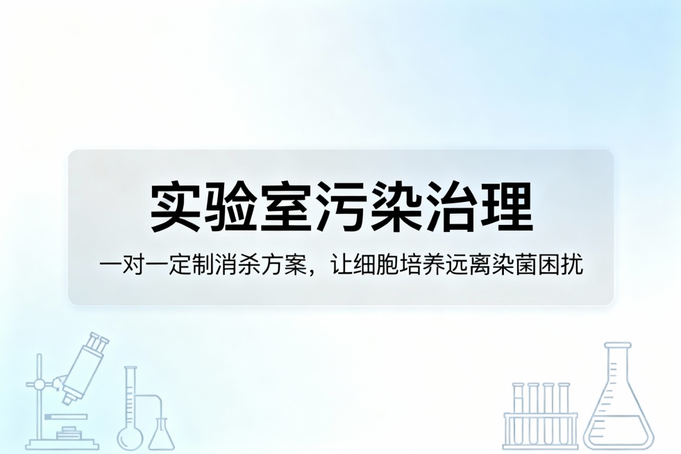 主标题：实验室污染治理 ，产品卖点：一对一定制消杀方案，让细胞培养远离染菌困扰，背景浅色系实验室背景，文字放在图片中间部分，设计要新颖，不要有错别字预览效果