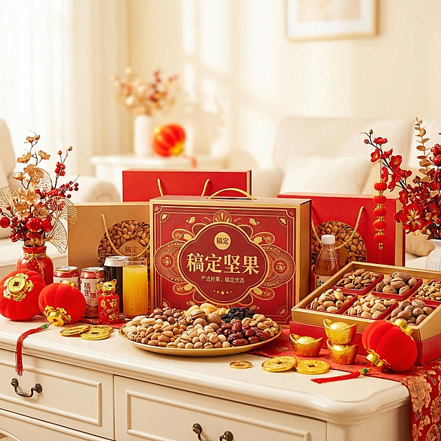 电商主题海报，纯画面图，不需要添加文字；核心元素：年货组合（坚果礼盒，饮品，商品名称稿定坚果，商品品牌为稿定，商品宣传为严选好果，稿定优选）；背景：春节氛围下的奶油风客厅内茶几上摆放着年货组合；背景奶油风室内客厅。构图：年货组合居画面中下部作视觉焦点，前面坚果摆盘丰富，紧凑，茶几上作新春装饰环绕烘托氛围，视觉热闹且突出产品。感饱满（年货包装细节、装饰元素光泽、背景氛围），传递热闹年味。产品之间的距离紧凑、丰富，种类多；画面背景简约，颜色色系统一；画面色彩：正红 + 鎏金 + 坚果暖棕为主，色调浓郁喜庆。拍摄角度：低角度，以坚果礼盒为视觉中心。背景提亮，背景虚化。包装盒只保留品牌名和品牌名称和宣传语，