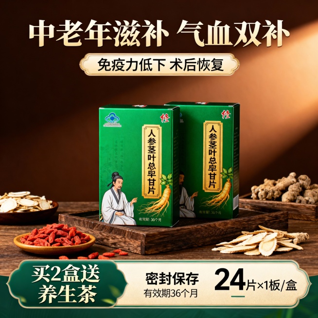 按照原图的包装设计 生成三张不同场景的修正人参茎叶总皂苷片(人参茎叶皂苷片)电商主图，比例1:1预览效果