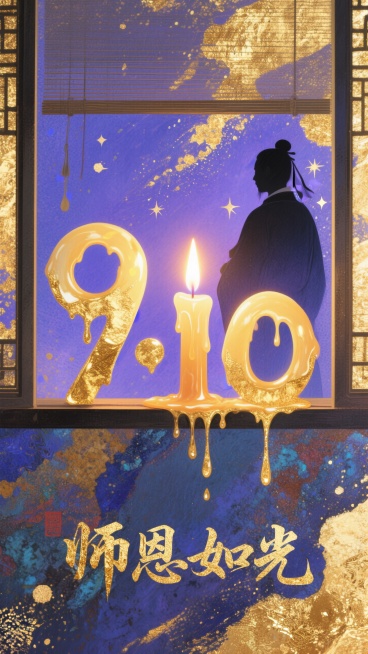 透过窗户往里面看，画面核心部分是由蜡烛蜡油构成的数字 “9.10”。蜡烛蜡油呈现出一种自然的流动质感，就像是正在融化滴落的瞬间被定格。数字边缘有细腻的纹理与光泽。烛火明亮且有柔和的光晕，背景为深邃的蓝预览效果