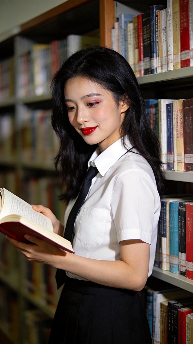 中景侧拍，高质量超清画质，真实摄影风格，达芬奇大师后期调色，柔和清透细腻影调，高对比度自然饱和度，青春靓丽高中校花，面容清秀，皮肤白皙紧致有光泽，五官立体比例协调，眉眼清纯含笑，自然乌黑中长发，素颜淡妆，唇色健康红润，眼影清透，身穿整洁校服衣领干净，手持翻开书籍，站在书香弥漫的图书馆书架旁，嘴角微翘，目光注视书页，微微侧身，动作优雅自然，柔和光线从侧前方照亮面部，形成微妙立体感，边缘轻微晕影强化聚焦，专业构图，层次感丰富，虚实结合