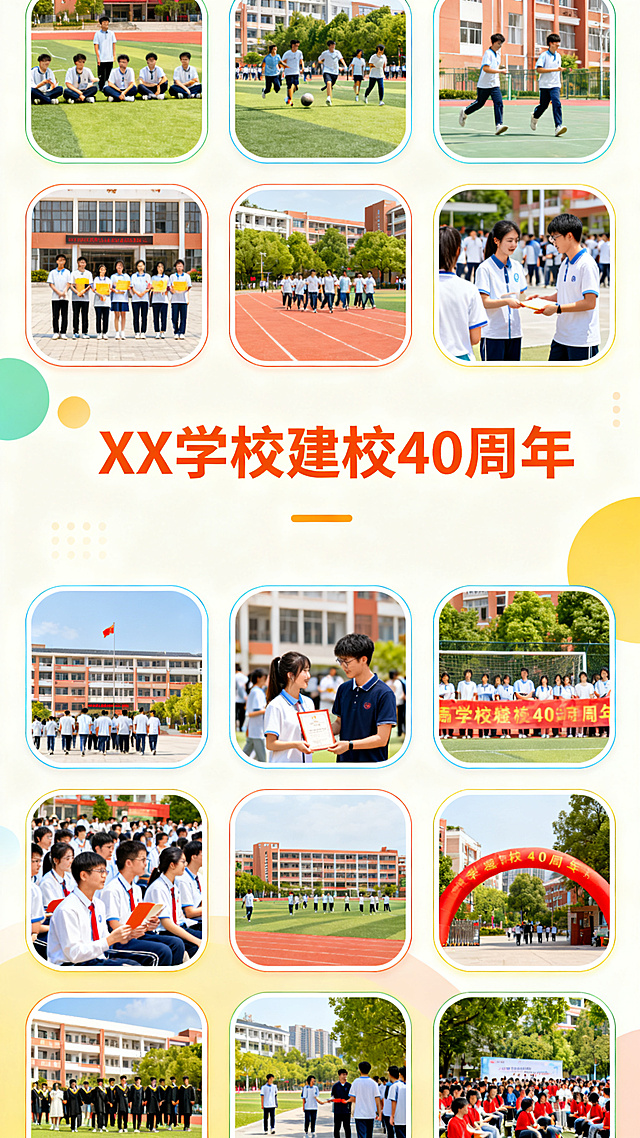 XX学校建校40周年H5青春校园多彩日常页面，网格排布多张校园活动图片占位，明亮青春配色，圆角卡片设计，简约现代，竖屏设计，不包含人脸和违规内容