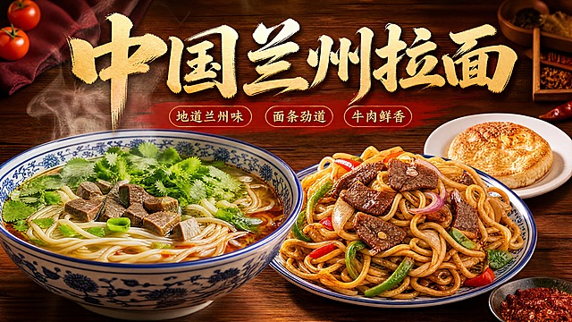 外卖店铺招牌设计，尺寸702*392px，横版构图。画面左侧是一碗热气腾腾的兰州牛肉拉面，右侧是牛肉炒面和煎蛋组合，多种面食展示品类丰富。写实美食摄影风格，色泽鲜亮诱人，暖光打光，食物有光泽有食欲。画面中央偏上位置有大号醒目文字"中国兰州拉面"，字体厚重有力，传统中式风格，背景为温暖的木质纹理，整体氛围地道正宗，让人看了就想吃，高清商业美食摄影质感