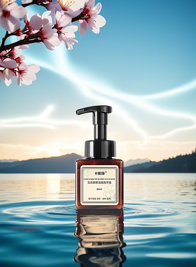 蓝天湖水间，樱花点缀，自然的温柔互动