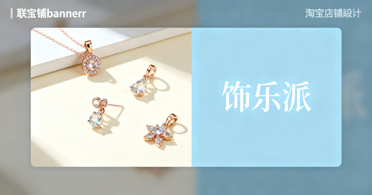 淘宝店铺横幅banner海报，售卖精致小饰品，采用左图右文布局，左侧展示精美好看的小饰品，右侧展示文字，包含店铺名"饰乐派"，整体风格清新时尚，适合首饰饰品店铺预览效果