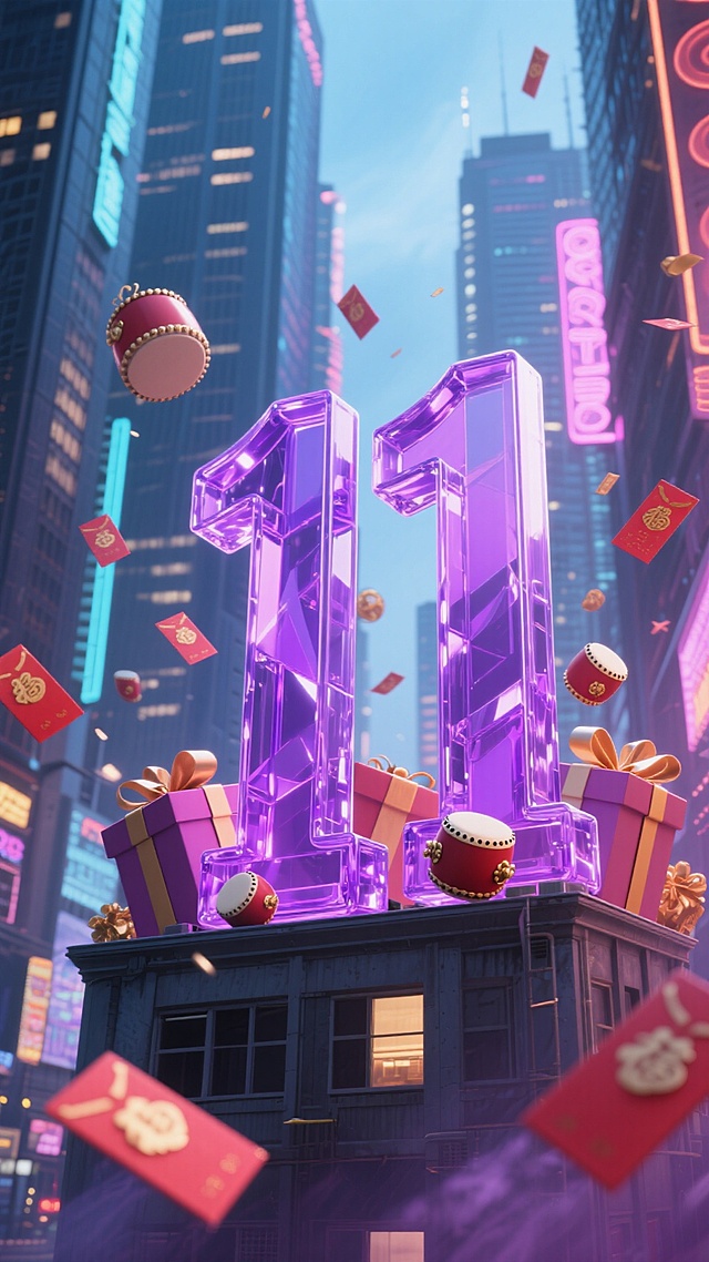 紫色玻璃立体字 “11”置于城市高楼上中 。周围环绕礼盒、购物红包等元素，街道背景，霓虹灯