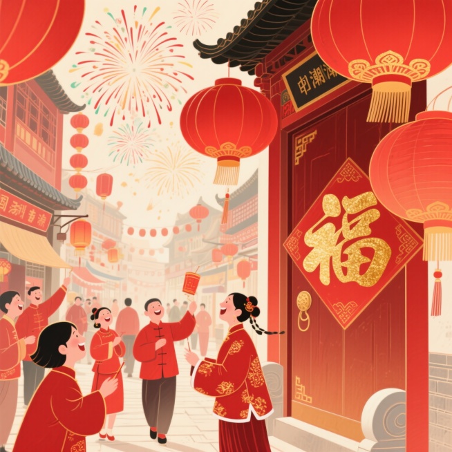 喜庆的春节场景，红灯笼高高挂起，金色的“福”字贴在门上，背景是热闹的街市，人们穿着红色的传统服饰，脸上洋溢着笑容，空中绽放着绚烂的烟花，整体色调以红色和金色为主，充满节日的欢乐氛围预览效果