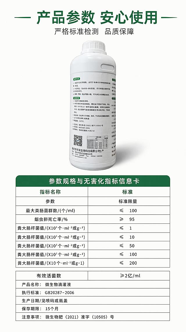 [第7屏] 参数规格与无害化指标信息卡展示。本屏使用【图3】产品底部实拍信息。
[氛围/风格] 严谨参数展示，专业规范，清晰易查。
[元素布局] 上半部分产品小图展示，下半部分信息卡参数表格；产品占画面上部约30%，参数表格占下部约60%，留白合理；提取原图参数信息整理成清晰表格，保证内容与原图一致。
[光影质感] 均匀明亮，表格线条清晰，每个参数都清晰可读。
[配色色系] 全局底色 #F8FAF7，主色绿色表头，黑色内容文字，浅灰表格线条。
[视角构图] 上下分栏构图，参数表格居中展示。
[文字版式] 顶部标题「产品参数 安心使用」，表格分为指标名称和标准两列，包含有效活菌数、有害指标等信息，文字清晰大小适中，表格排版整齐。
[比例分辨率] 9:16 竖版比例，4K分辨率，文字清晰可辨。
[负向提示词] 参数错误，文字模糊，表格错乱，产品变形，虚假参数。