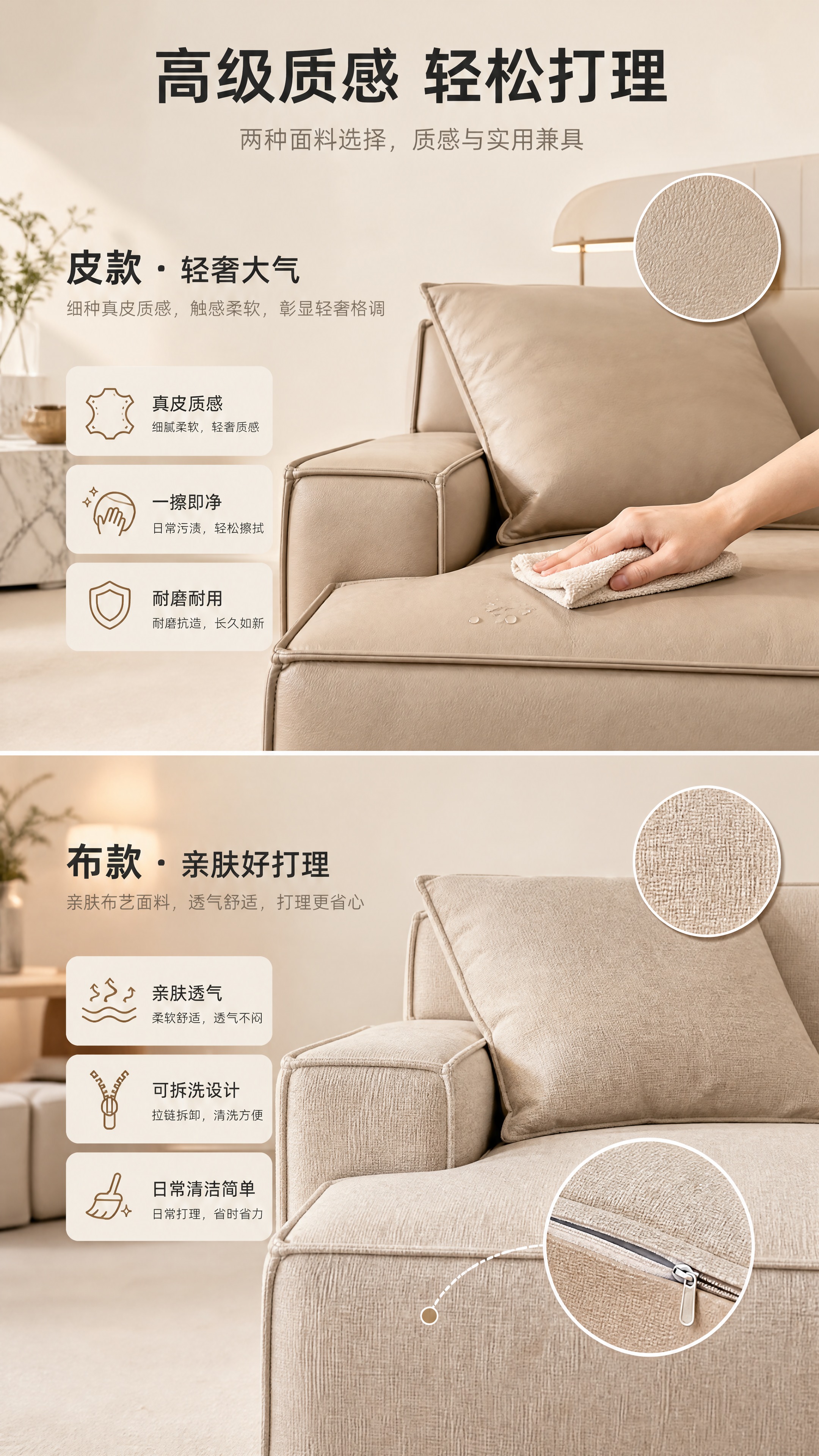[商品] 使用【图1】沙发为基础，上半部分展示皮质款（细腻浅卡… - 图片创意预览